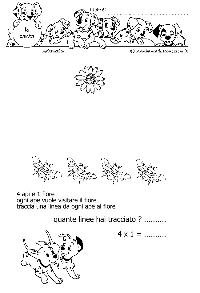 Aritmetica - Conoscere i numeri - Moltiplicazione - moltiplichiamo 4 - 4 api e 1 fiore