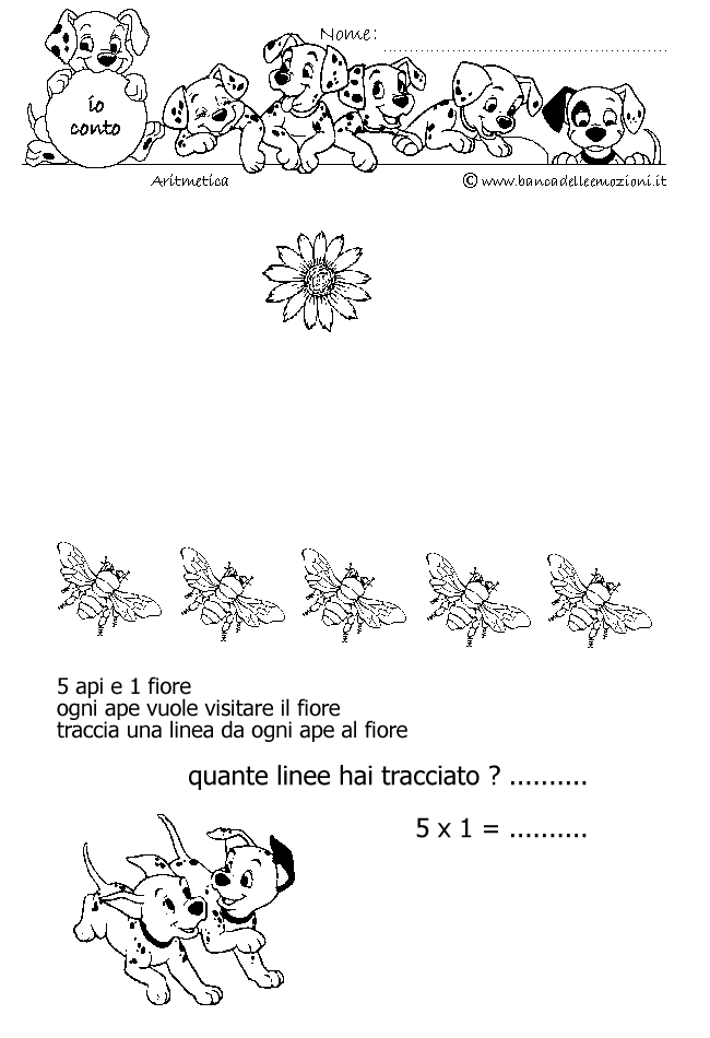 Aritmetica - Conoscere i numeri - Moltiplicazione - moltiplichiamo 5 - 5 api e 1 fiore